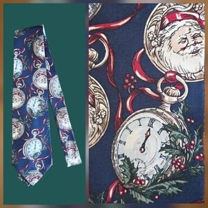 Renovati Christmas Neck Tie Santa Claus Pocket Watch Holly Berry 100% Silk VTG